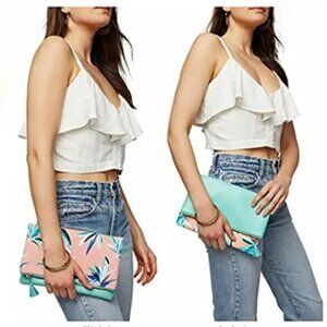 NWOT Rachel Pally Blue with Tropical Design Reversible Clutch Purse